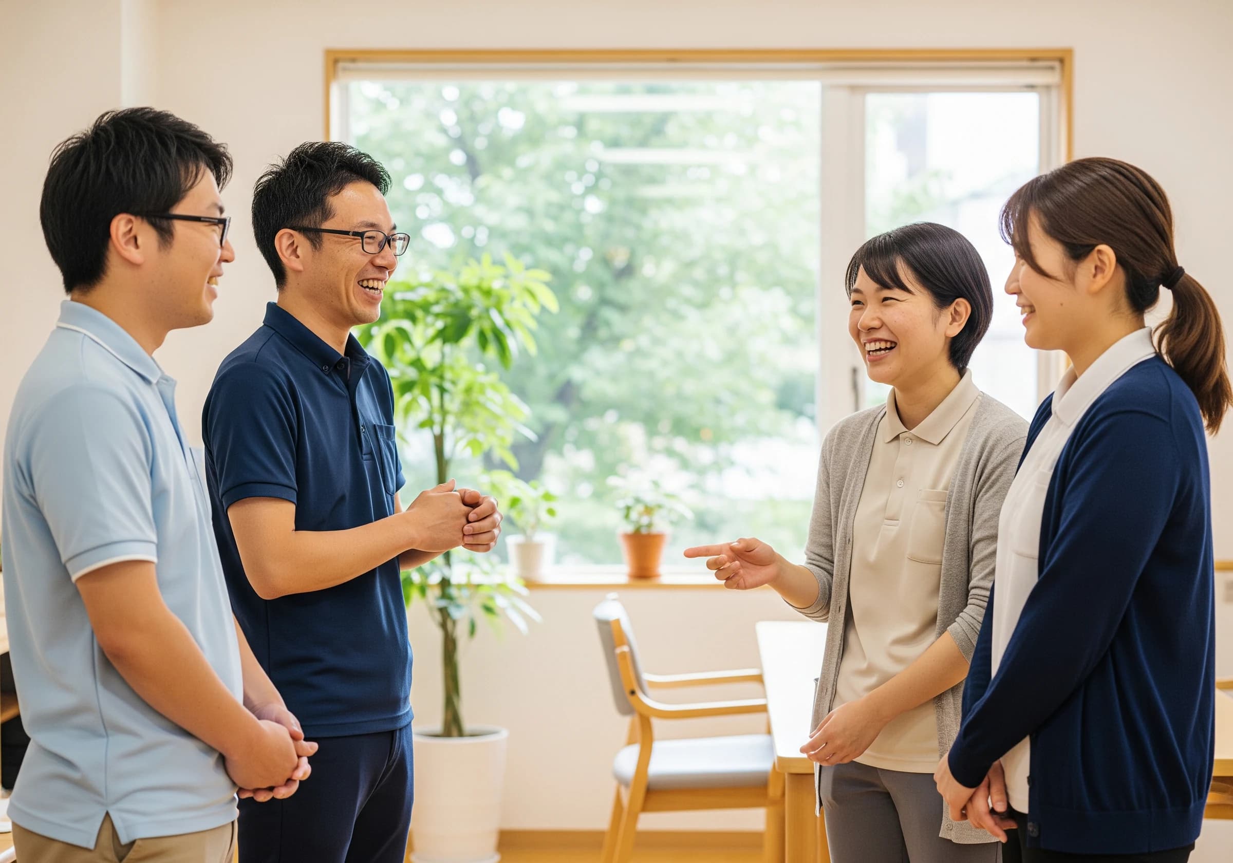 明るい室内で笑顔で話すこんぴすのスタッフたち